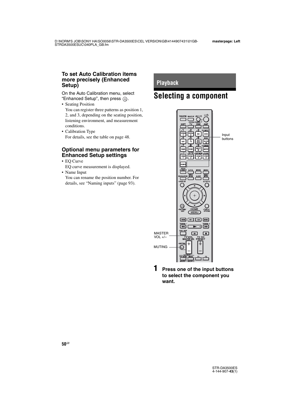 Playback, Selecting a component, Selecting a component 1 | Sony 4-144-907-43(1) User Manual | Page 50 / 136