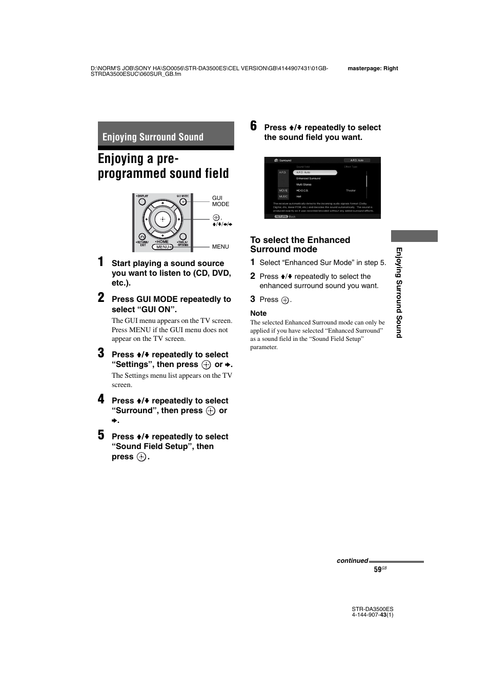 Enjoying surround sound, Enjoying a pre- programmed sound field, Enjoying a pre-programmed sound field | Enjoying a pre- programmed sound field 1 | Sony 4-144-907-43(1) User Manual | Page 59 / 136