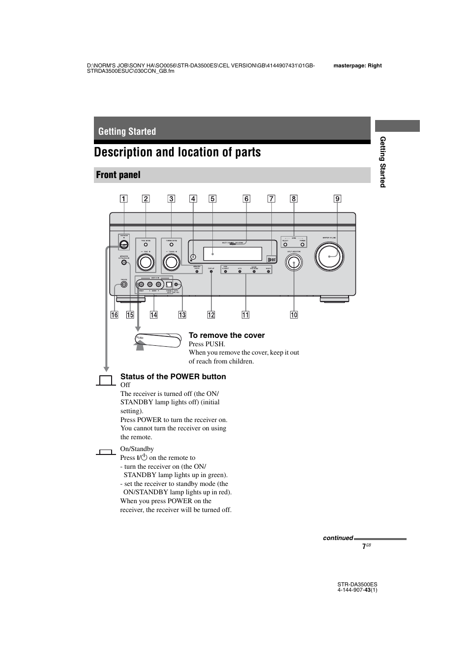 Getting started, Description and location of parts, Getting started front panel | Sony 4-144-907-43(1) User Manual | Page 7 / 136