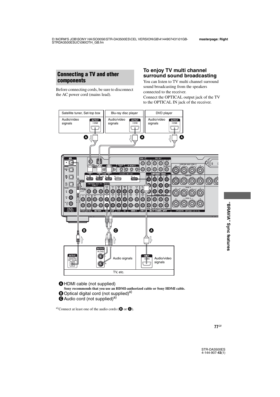 Connecting a tv and other components | Sony 4-144-907-43(1) User Manual | Page 77 / 136