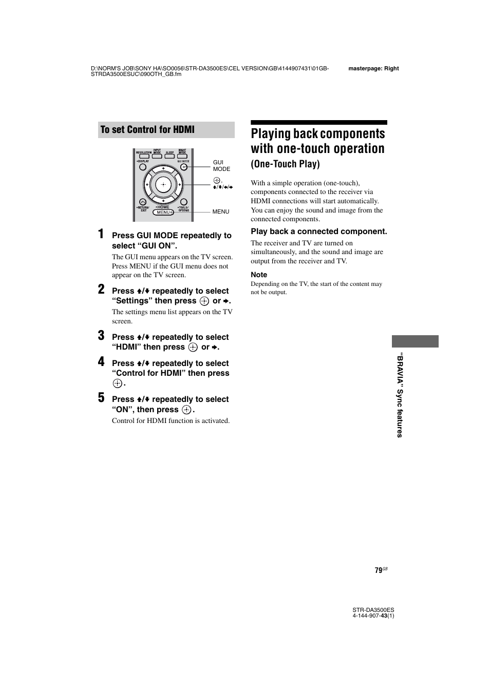 Playing back components with one-touch, Operation (one-touch play), Playing back components with one-touch operation | One-touch play) | Sony 4-144-907-43(1) User Manual | Page 79 / 136