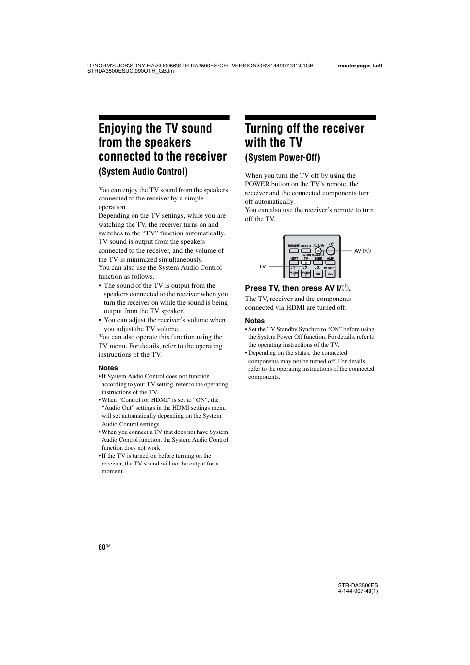 Enjoying the tv sound from the speakers, Connected to the receiver (system audio control), Turning off the receiver with the tv | System power-off), System audio control) | Sony 4-144-907-43(1) User Manual | Page 80 / 136