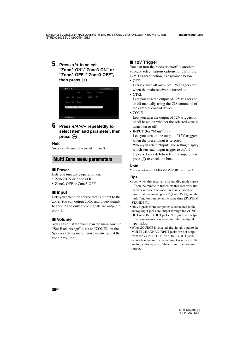 Multi zone menu parameters | Sony 4-144-907-43(1) User Manual | Page 86 / 136