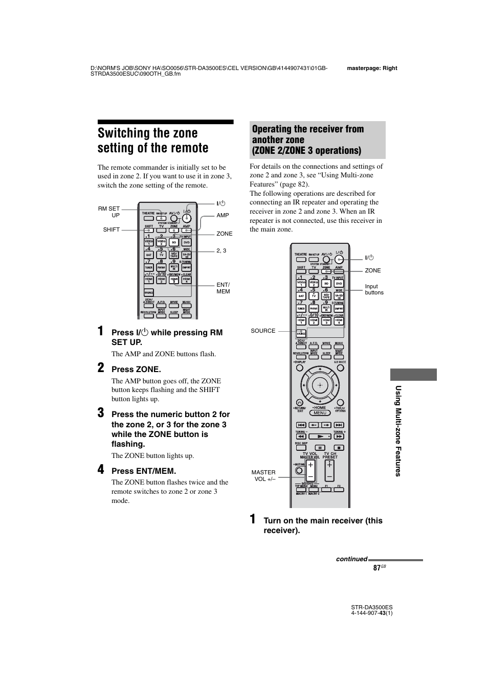 Switching the zone setting of the remote | Sony 4-144-907-43(1) User Manual | Page 87 / 136