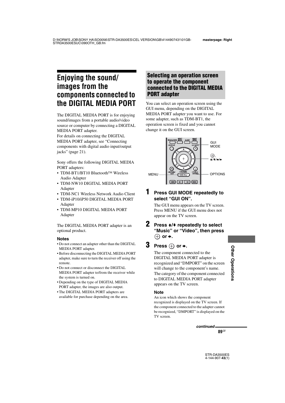 Enjoying the sound/images from the, Components connected to the digital media port | Sony 4-144-907-43(1) User Manual | Page 89 / 136