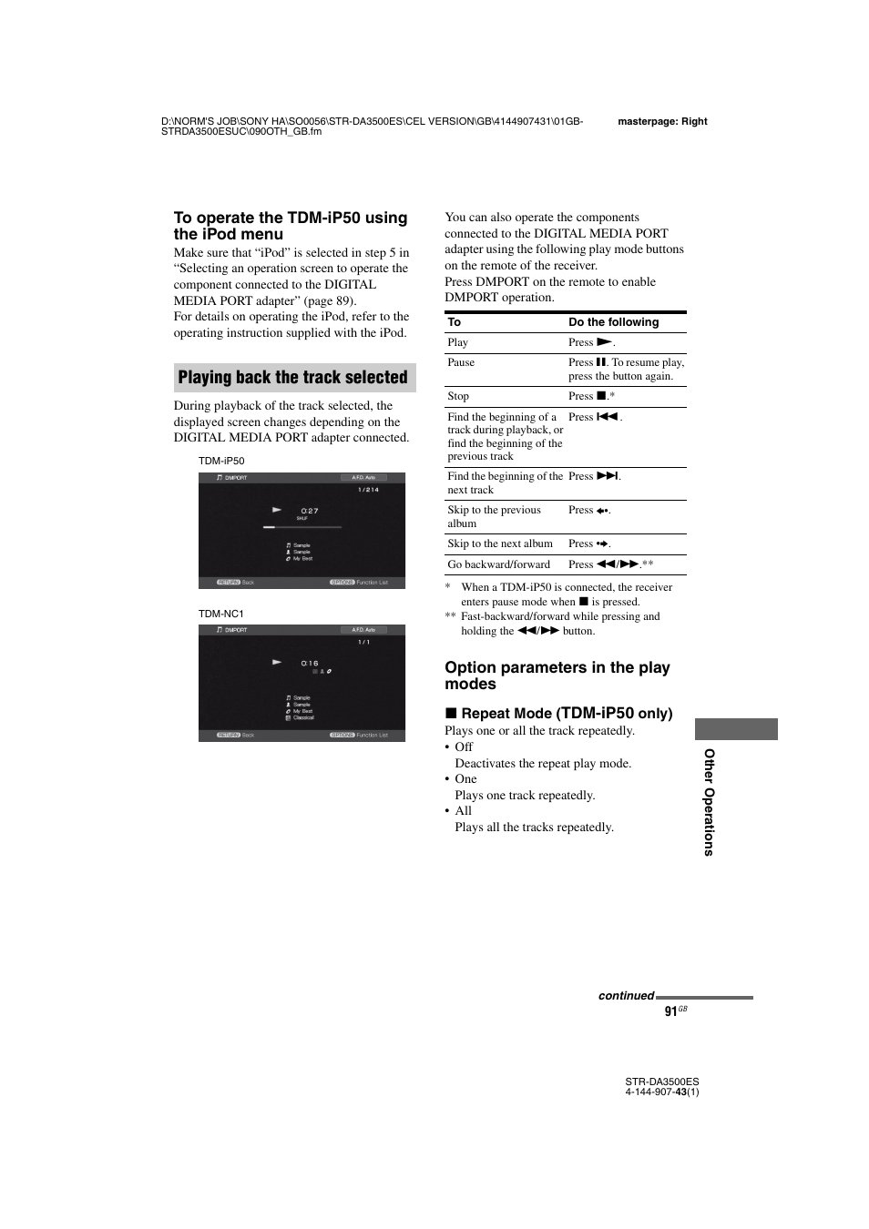 Playing back the track selected, Option parameters in the play modes, Tdm-ip50 | Sony 4-144-907-43(1) User Manual | Page 91 / 136