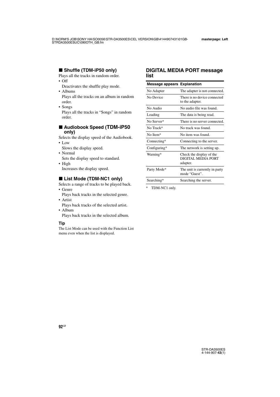 Tdm-ip50, Digital media port message list | Sony 4-144-907-43(1) User Manual | Page 92 / 136