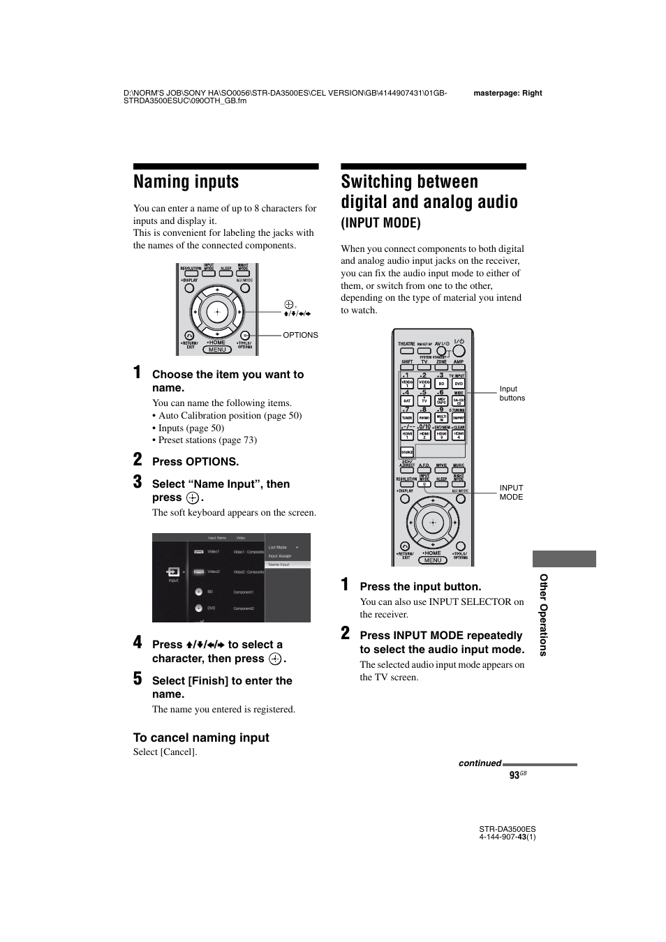 Naming inputs, Input mode), Switching between digital and analog audio | Sony 4-144-907-43(1) User Manual | Page 93 / 136