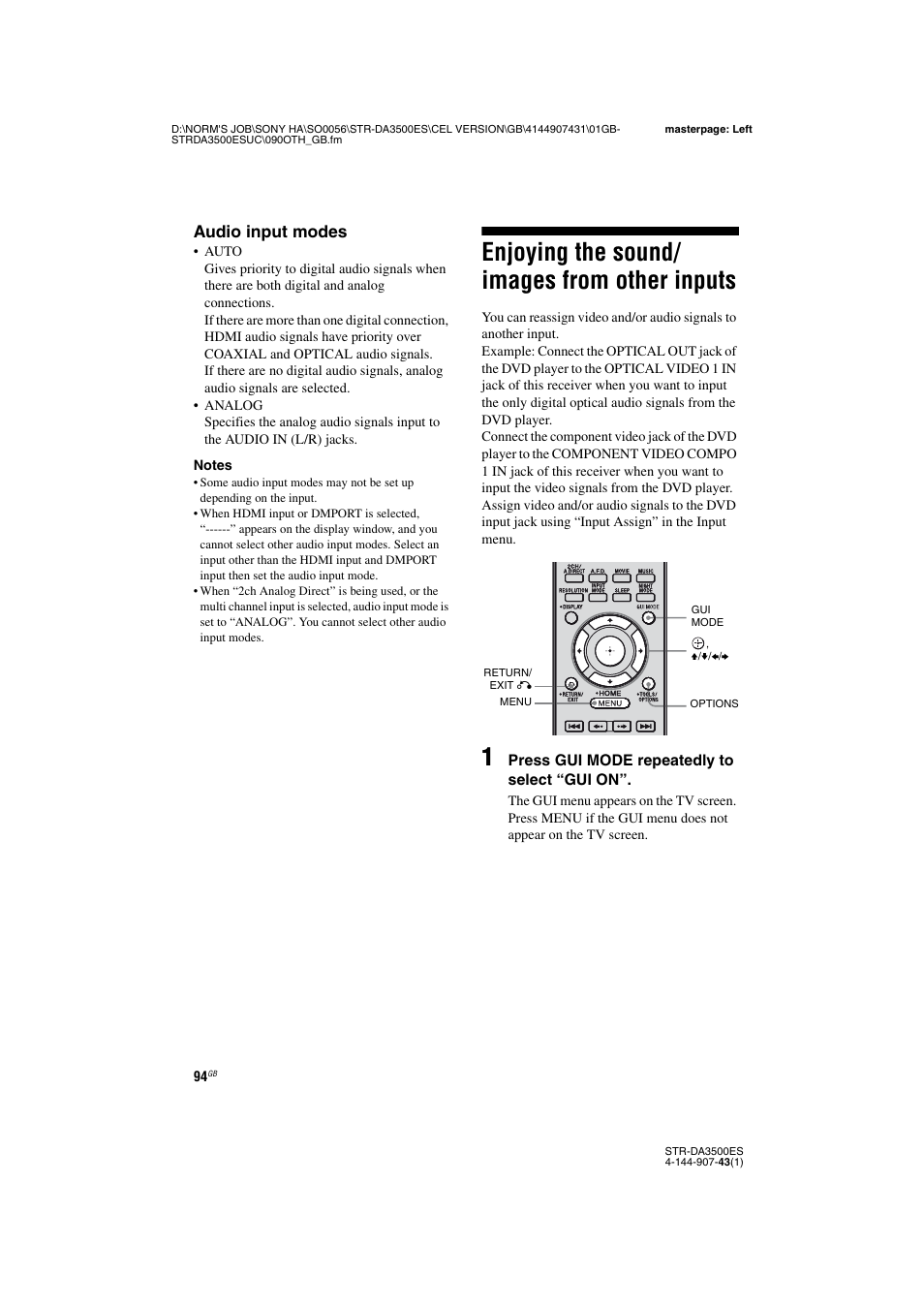 Enjoying the sound/ images from other inputs, Enjoying the sound/images from other, Inputs | Audio input modes | Sony 4-144-907-43(1) User Manual | Page 94 / 136