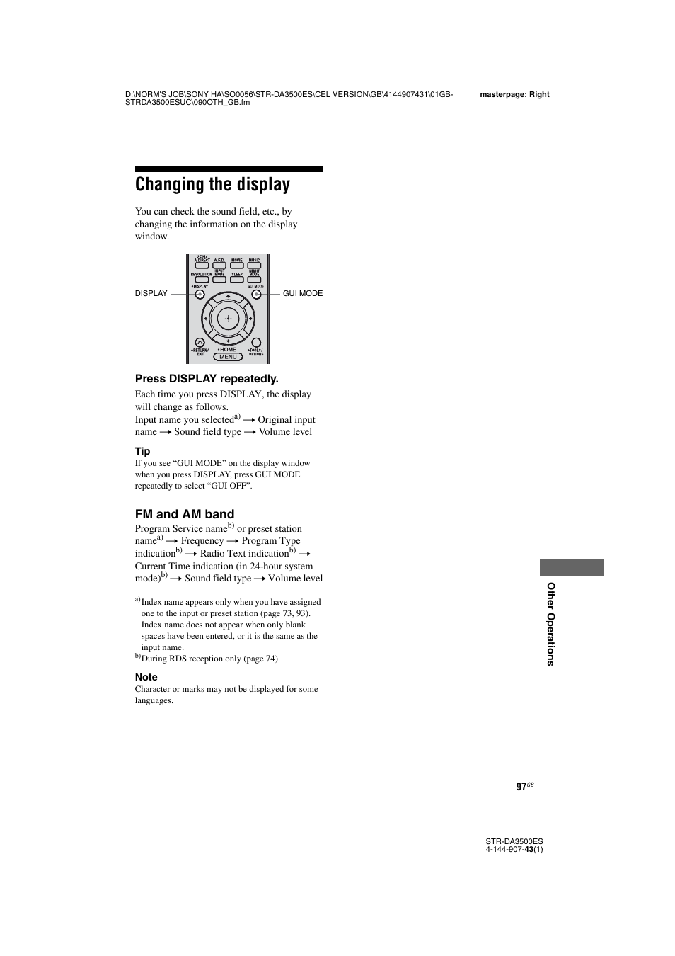 Changing the display, Fm and am band | Sony 4-144-907-43(1) User Manual | Page 97 / 136