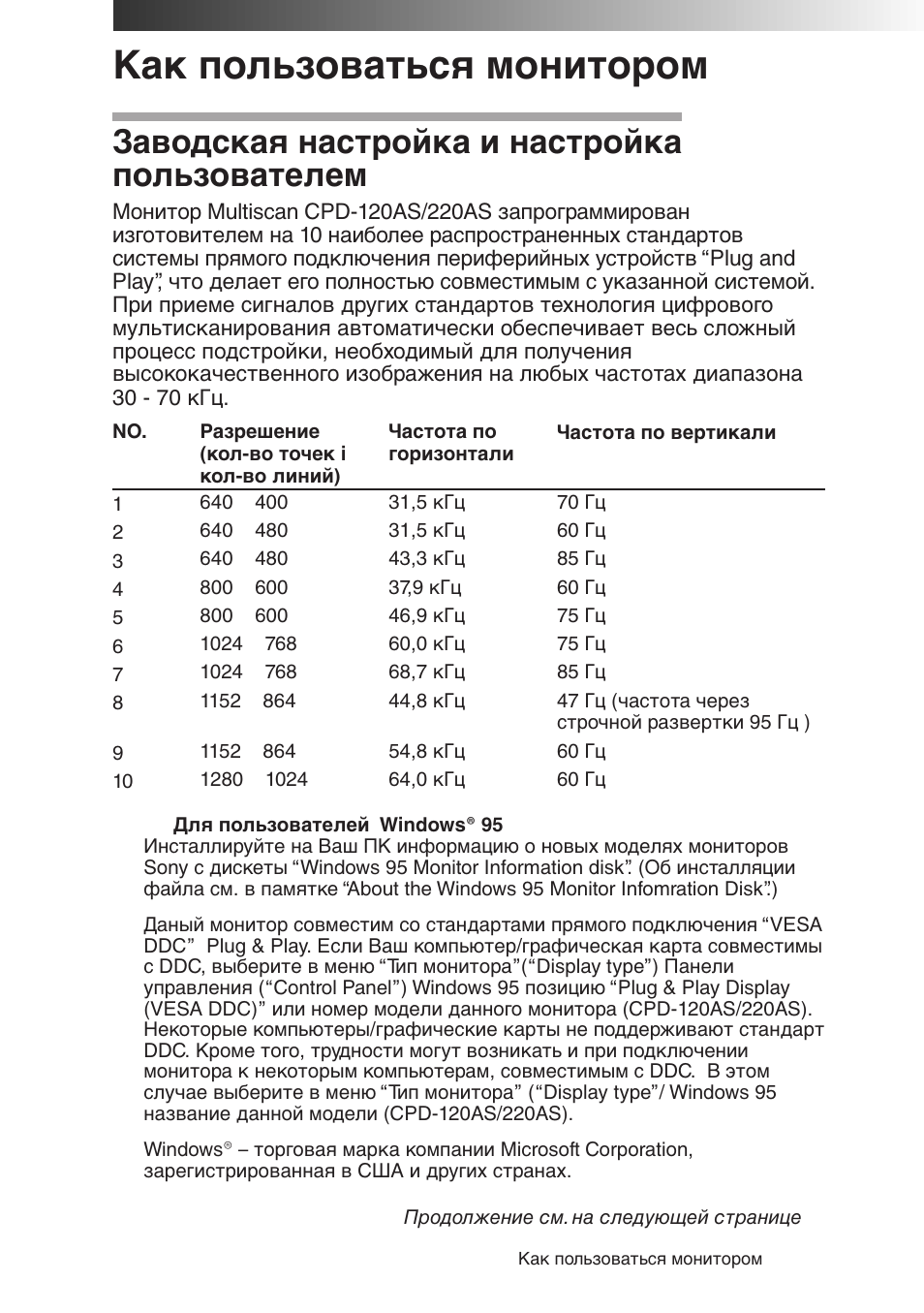 Как пользоваться монитором, Заводская настройка и настройка пользователем | Sony CPD-120AS User Manual | Page 164 / 185