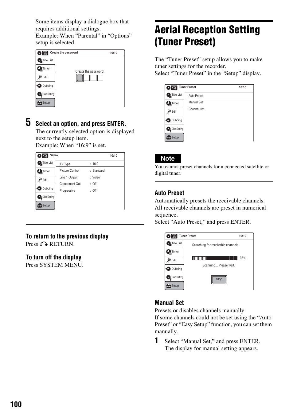 Aerial reception setting (tuner preset), Select an option, and press enter, Auto preset | Manual set, Press o return, Press system menu | Sony RDR-VX420 User Manual | Page 100 / 132