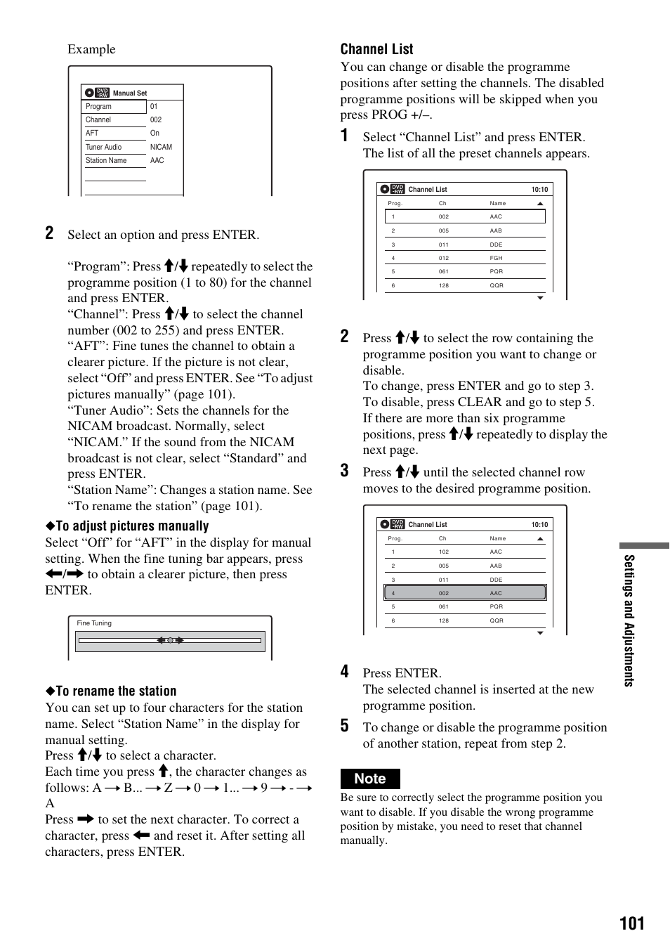 Channel list, Example, Set tin g s and ad ju st m ent s | Sony RDR-VX420 User Manual | Page 101 / 132
