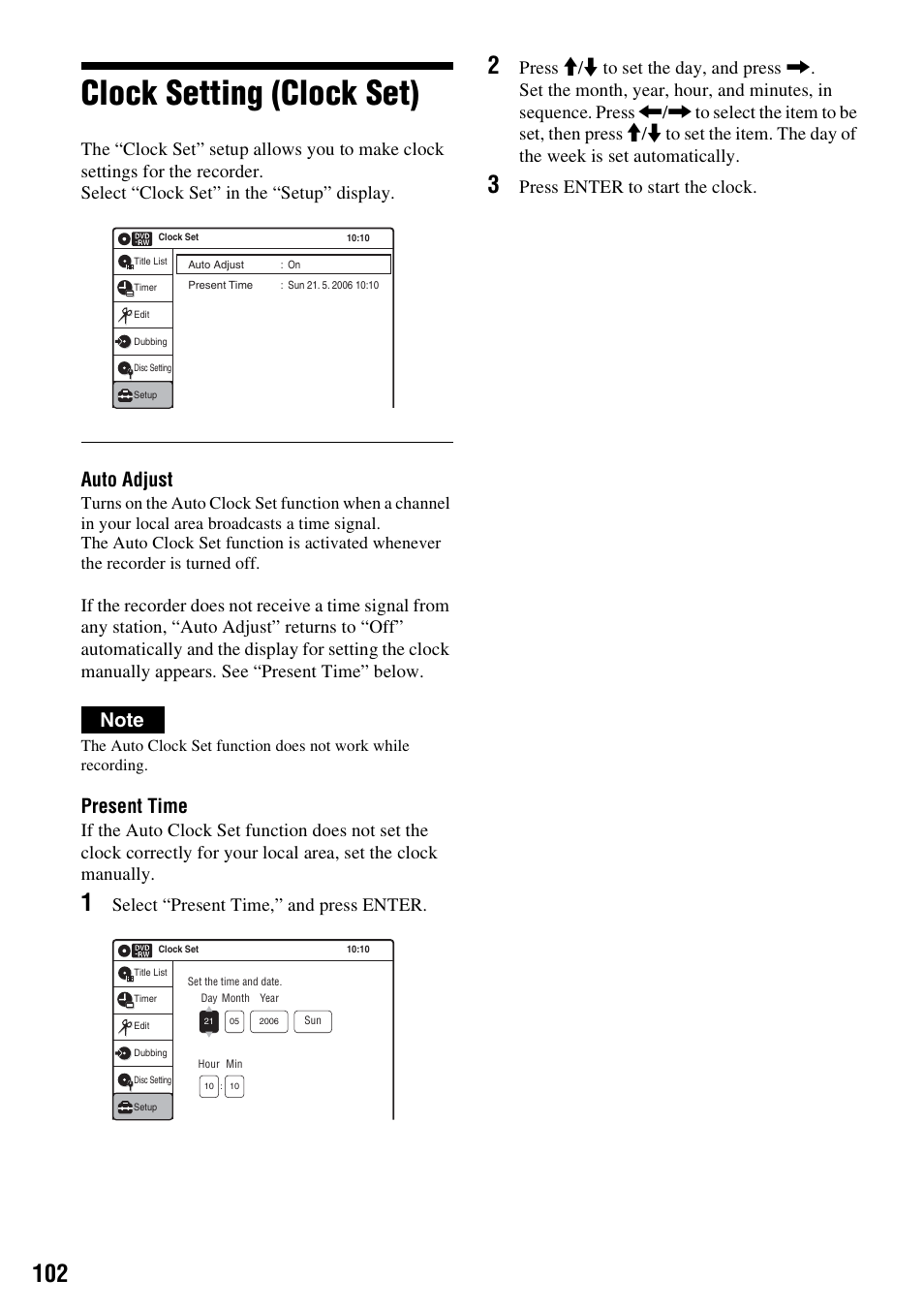 Clock setting (clock set), Auto adjust, Present time | Select “present time,” and press enter, Press enter to start the clock | Sony RDR-VX420 User Manual | Page 102 / 132