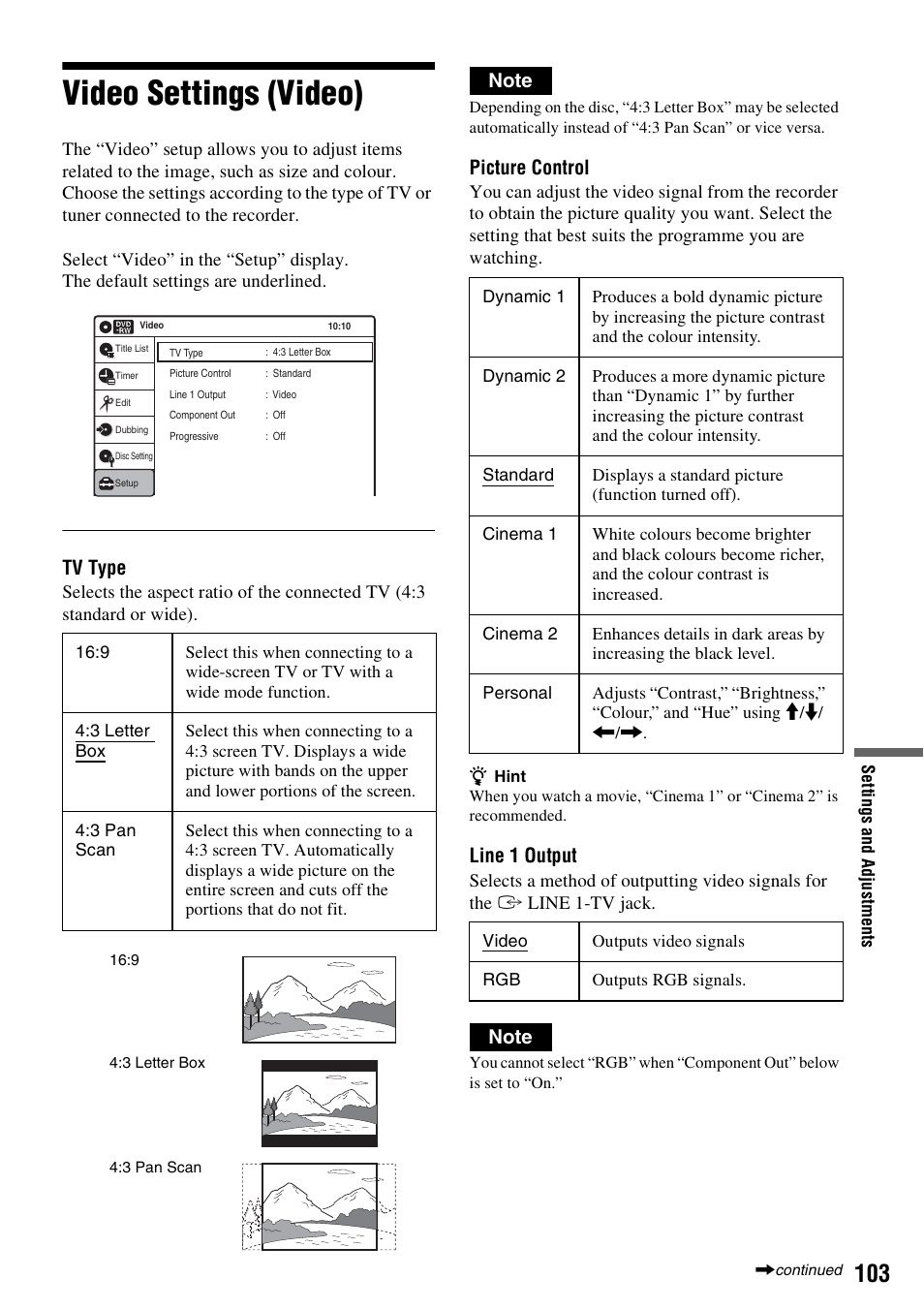 Video settings (video), Tv type, Picture control | Line 1 output | Sony RDR-VX420 User Manual | Page 103 / 132