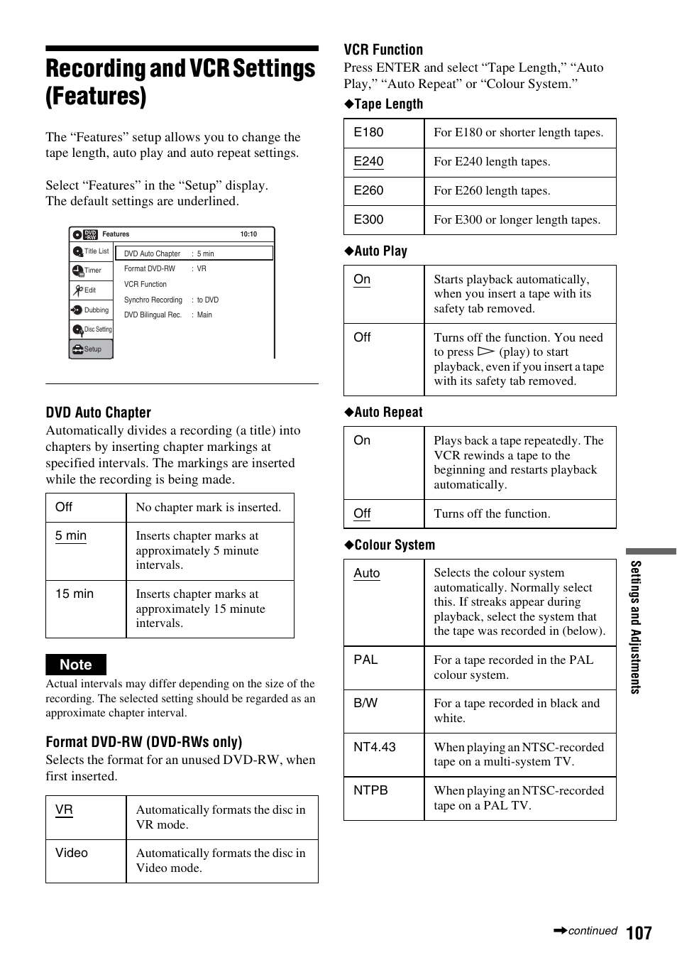 Recording and vcr settings (features), Dvd auto chapter, Format dvd-rw (dvd-rws only) | Vcr function | Sony RDR-VX420 User Manual | Page 107 / 132