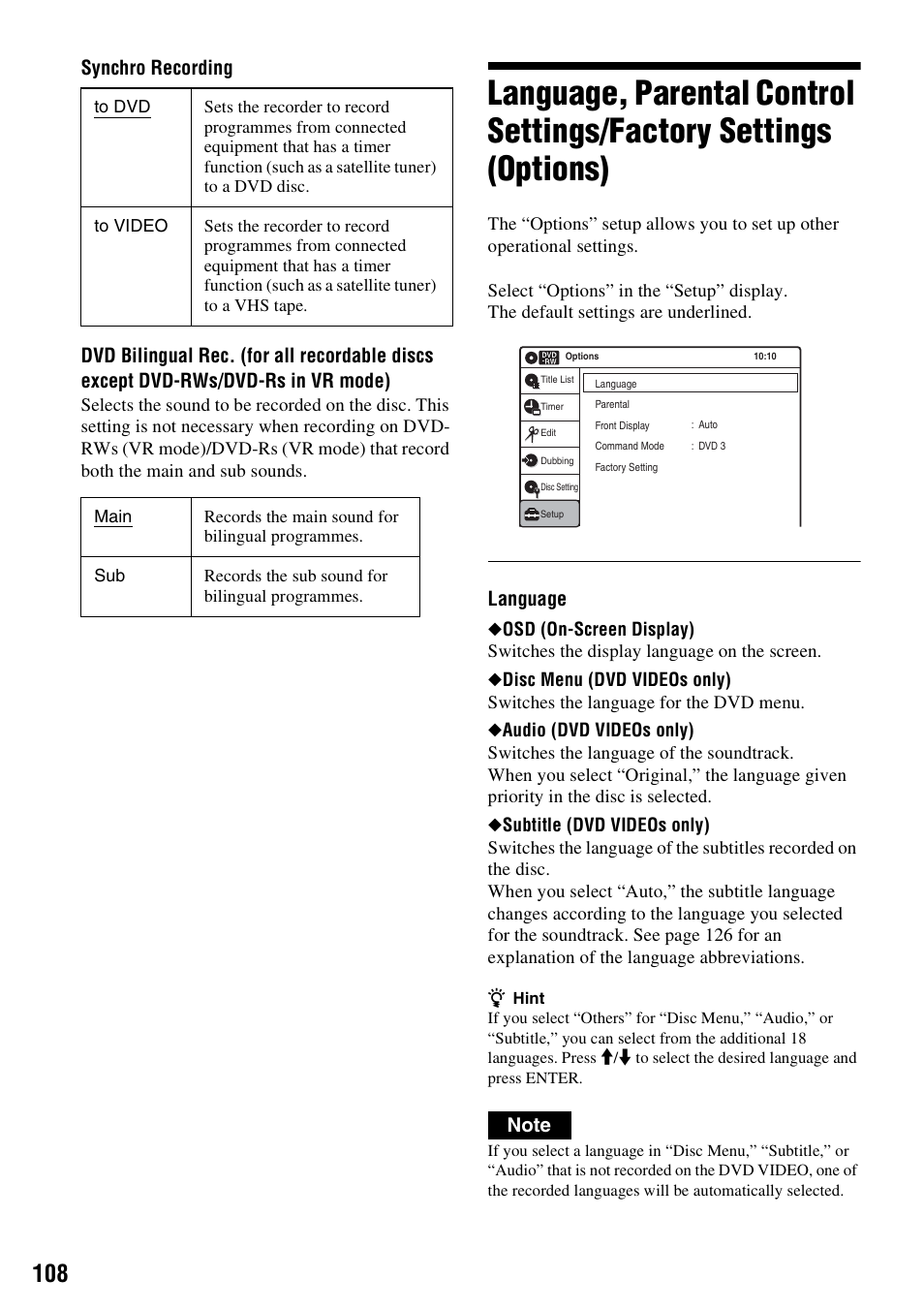 Language | Sony RDR-VX420 User Manual | Page 108 / 132