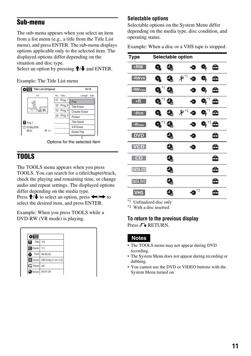 Sub-menu, Tools, Selectable options | Press o return | Sony RDR-VX420 User Manual | Page 11 / 132