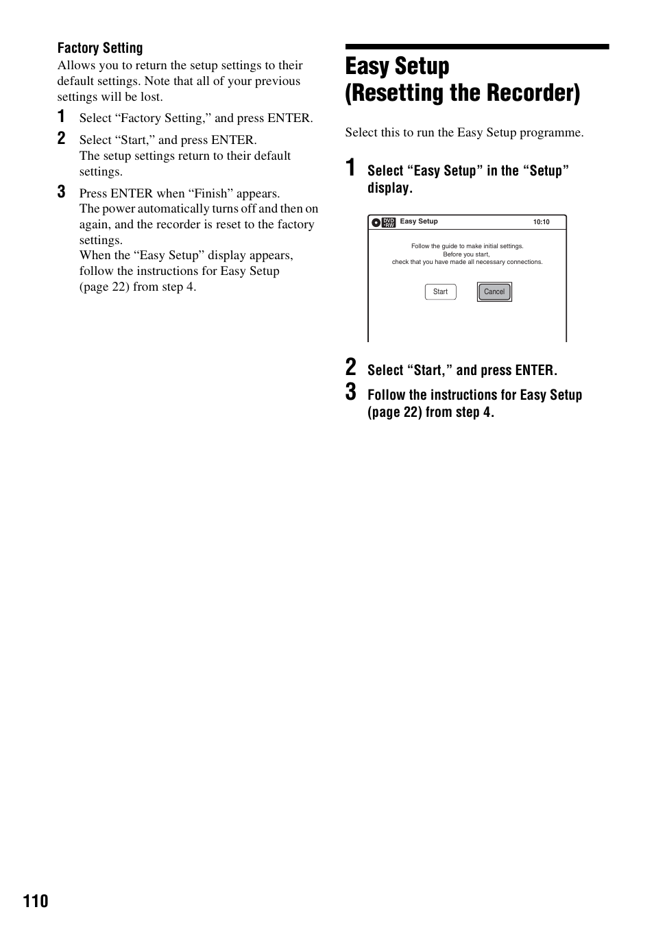 Easy setup (resetting the recorder) | Sony RDR-VX420 User Manual | Page 110 / 132