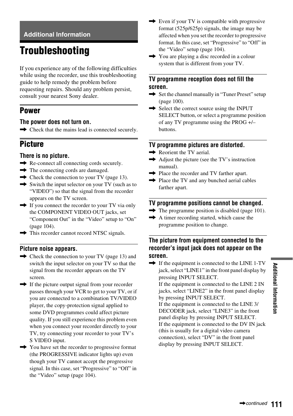 Additional information, Troubleshooting, Power | Picture | Sony RDR-VX420 User Manual | Page 111 / 132