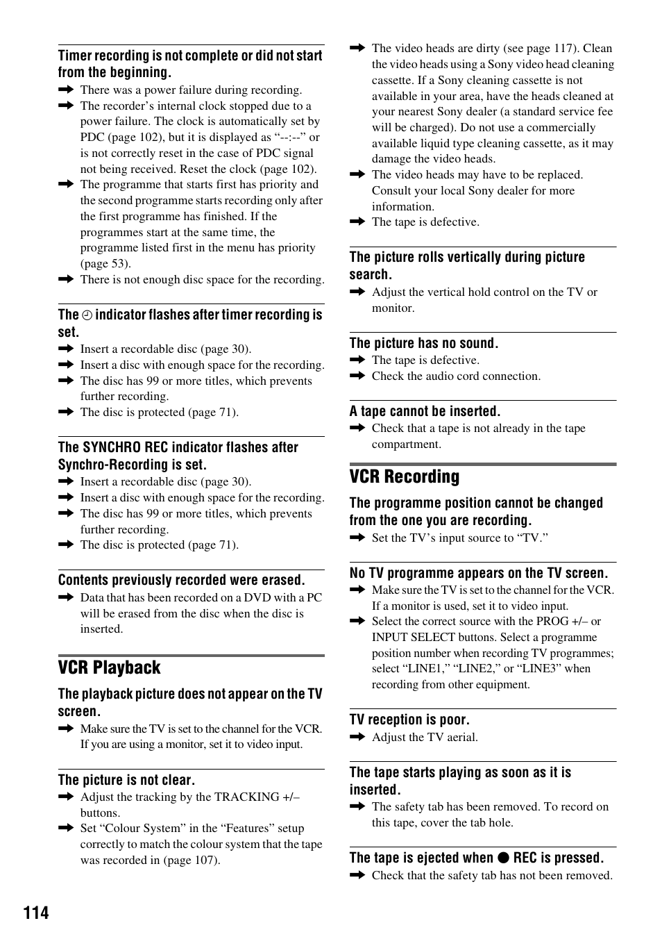 Vcr playback, Vcr recording | Sony RDR-VX420 User Manual | Page 114 / 132