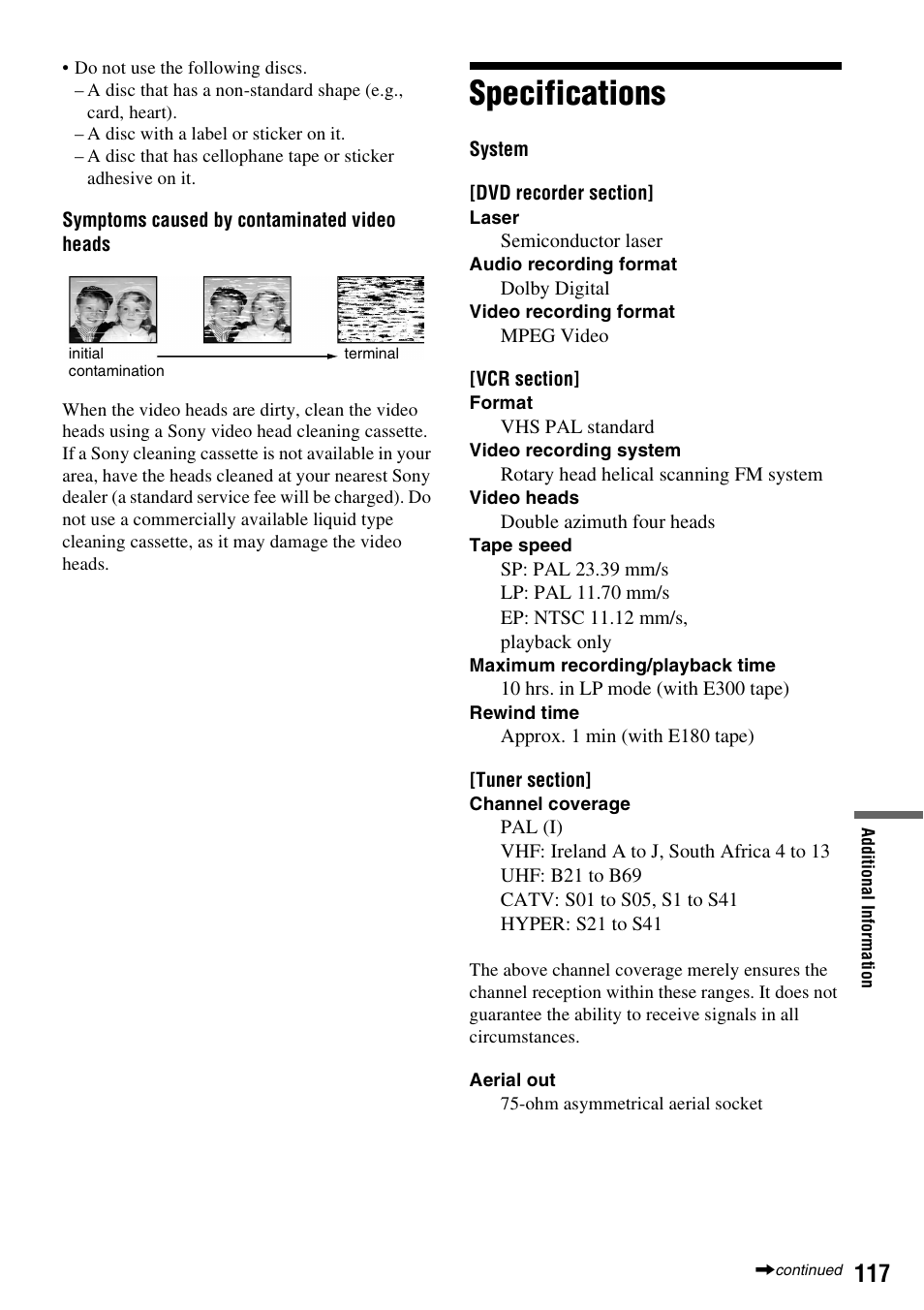 Specifications | Sony RDR-VX420 User Manual | Page 117 / 132