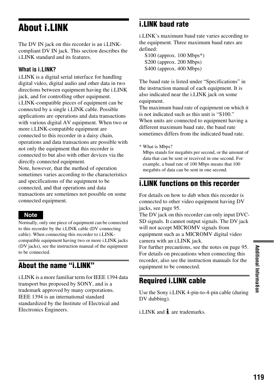 About i.link, About the name “i.link, I.link baud rate | I.link functions on this recorder, Required i.link cable | Sony RDR-VX420 User Manual | Page 119 / 132