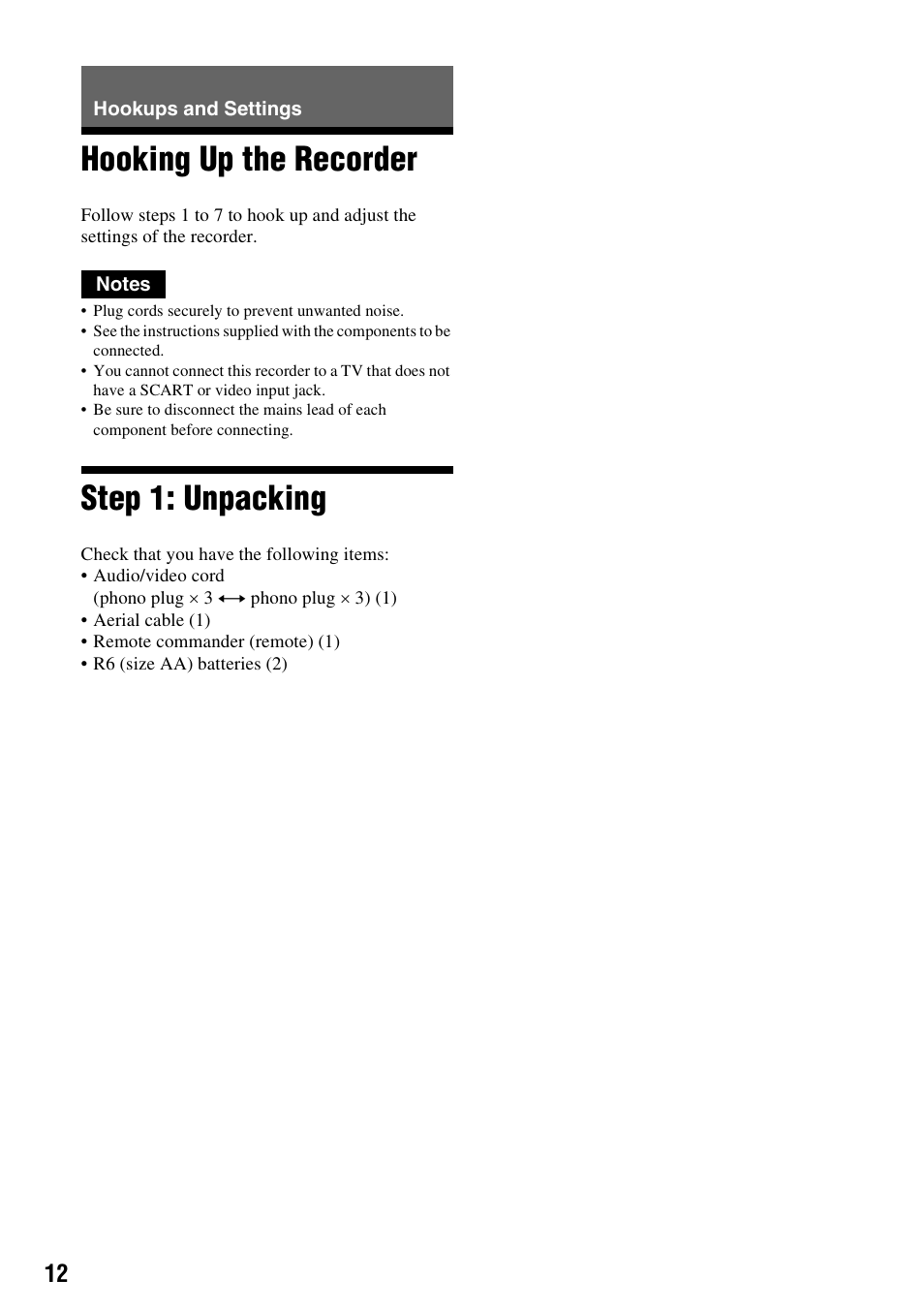 Hookups and settings, Hooking up the recorder, Step 1: unpacking | Hooking up the recorder step 1: unpacking | Sony RDR-VX420 User Manual | Page 12 / 132