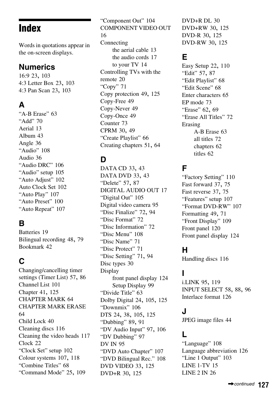 Index, Numerics | Sony RDR-VX420 User Manual | Page 127 / 132