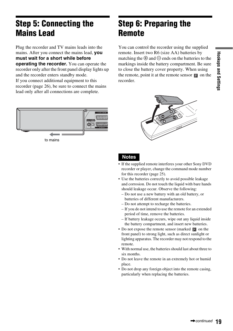 Step 5: connecting the mains lead, Step 6: preparing the remote | Sony RDR-VX420 User Manual | Page 19 / 132