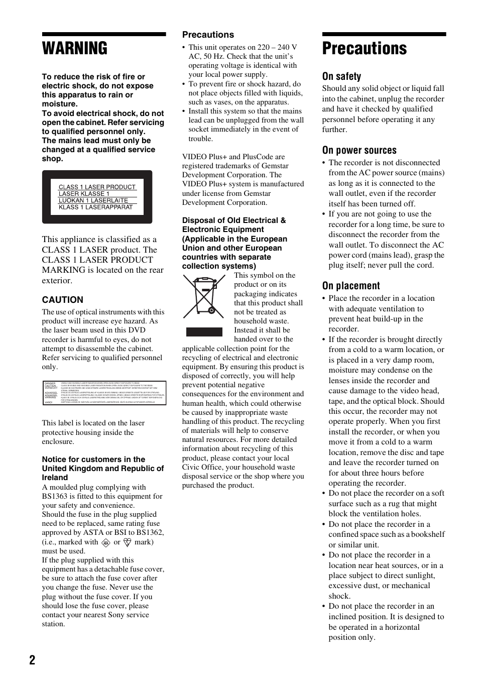 Warning, Precautions, On safety | On power sources, On placement | Sony RDR-VX420 User Manual | Page 2 / 132