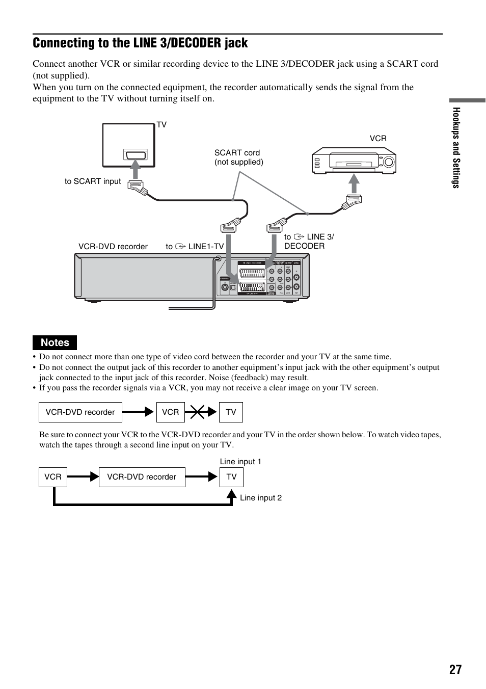 Connecting to the line 3/decoder jack | Sony RDR-VX420 User Manual | Page 27 / 132