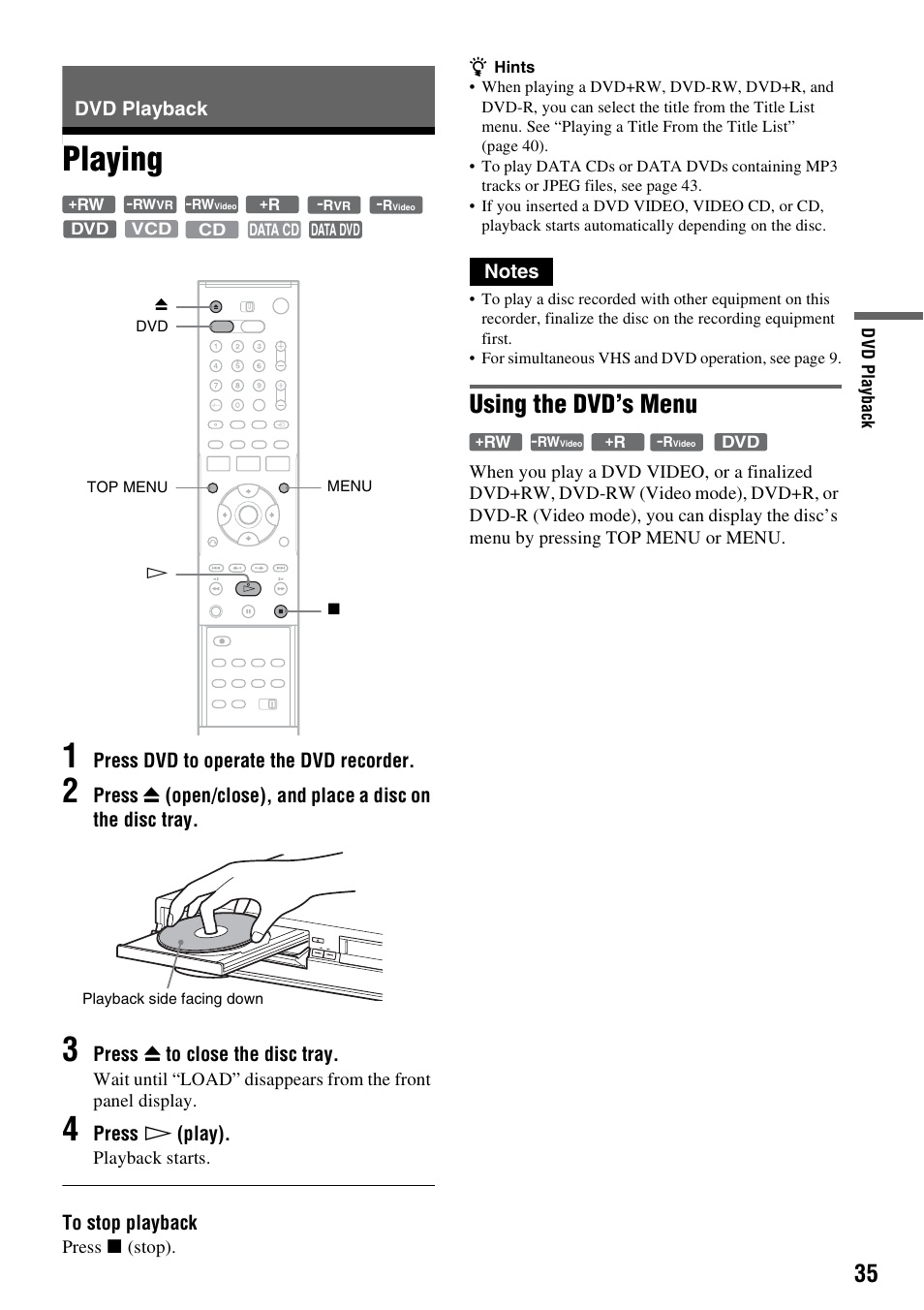 Dvd playback, Playing, Playing 1 | Using the dvd’s menu | Sony RDR-VX420 User Manual | Page 35 / 132