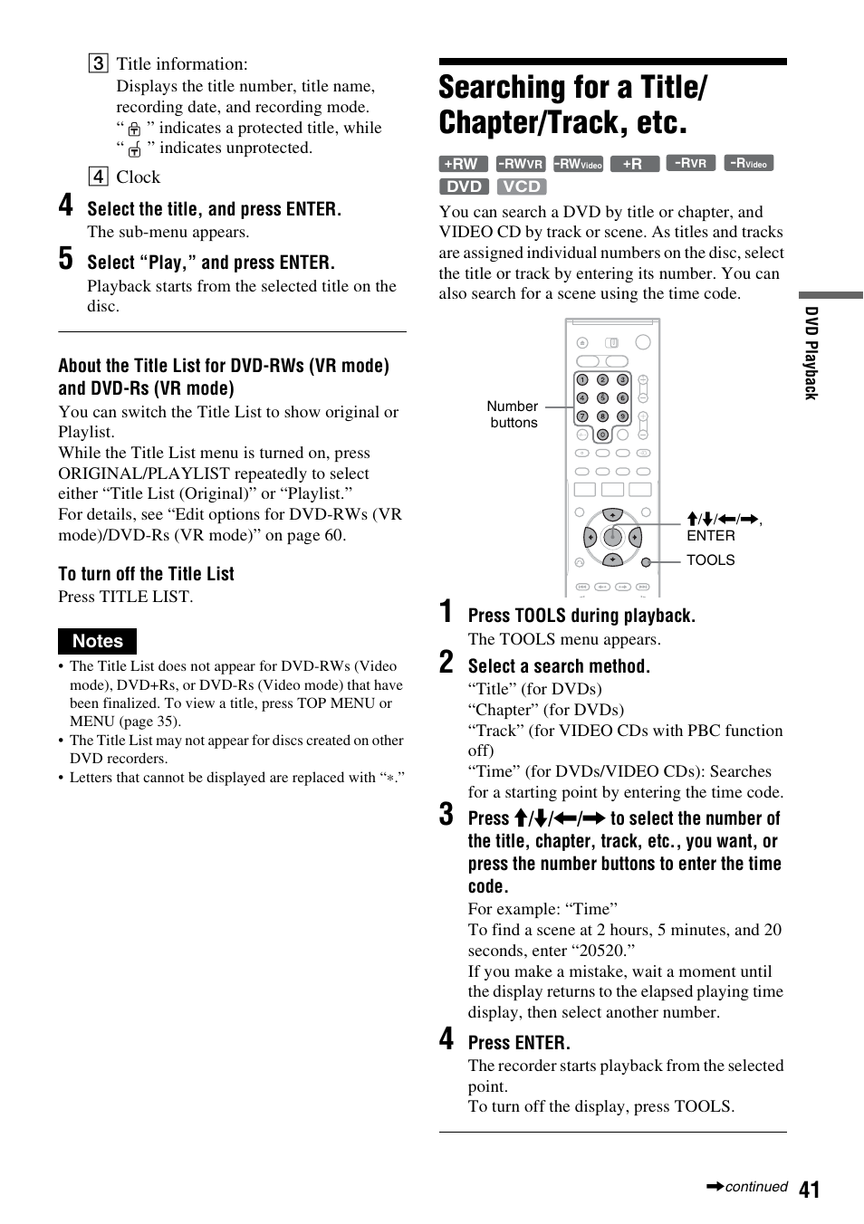 Searching for a title/chapter/track, etc, Searching for a title/ chapter/track, etc | Sony RDR-VX420 User Manual | Page 41 / 132
