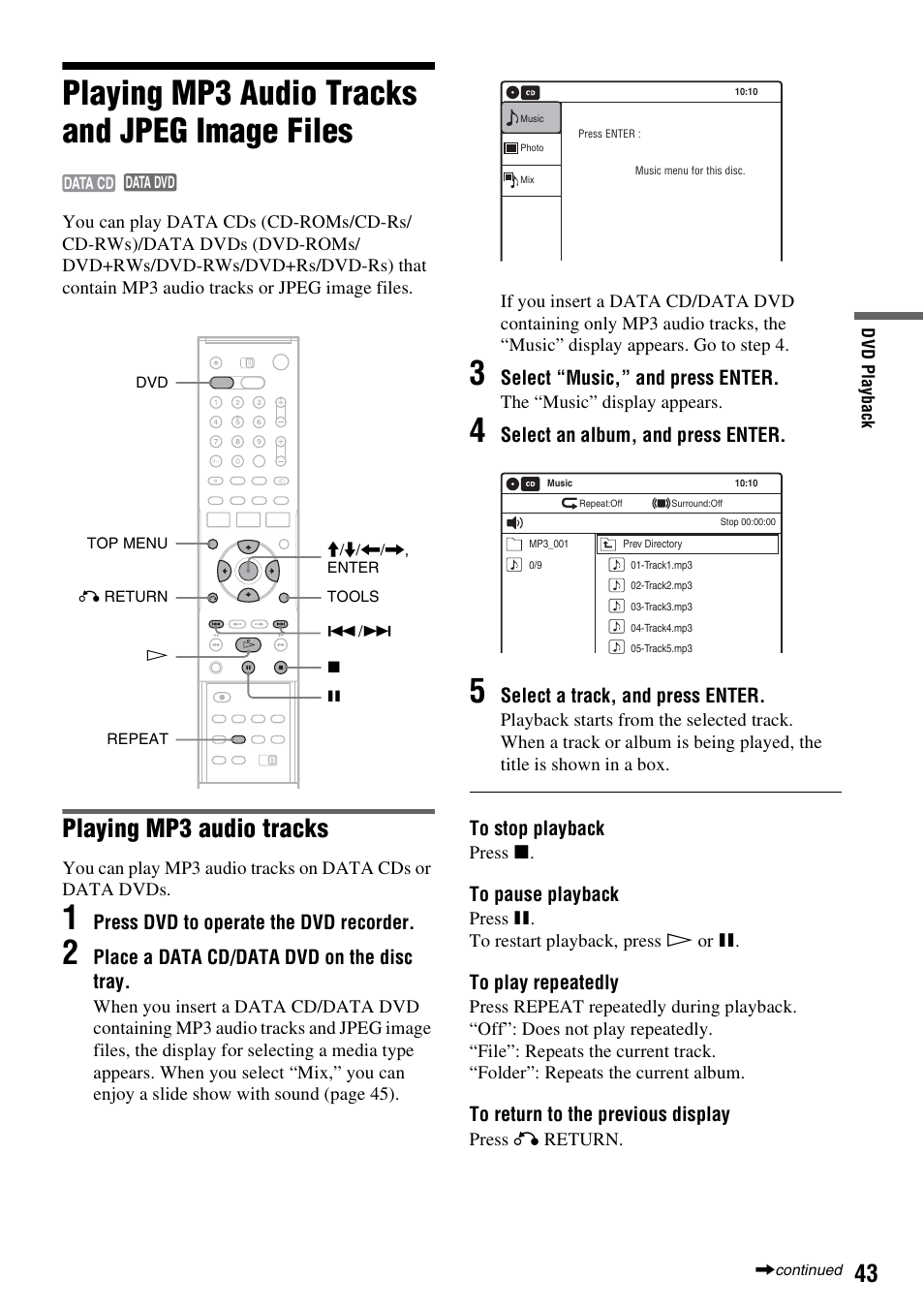 Playing mp3 audio tracks and jpeg image files, Playing mp3 audio tracks | Sony RDR-VX420 User Manual | Page 43 / 132