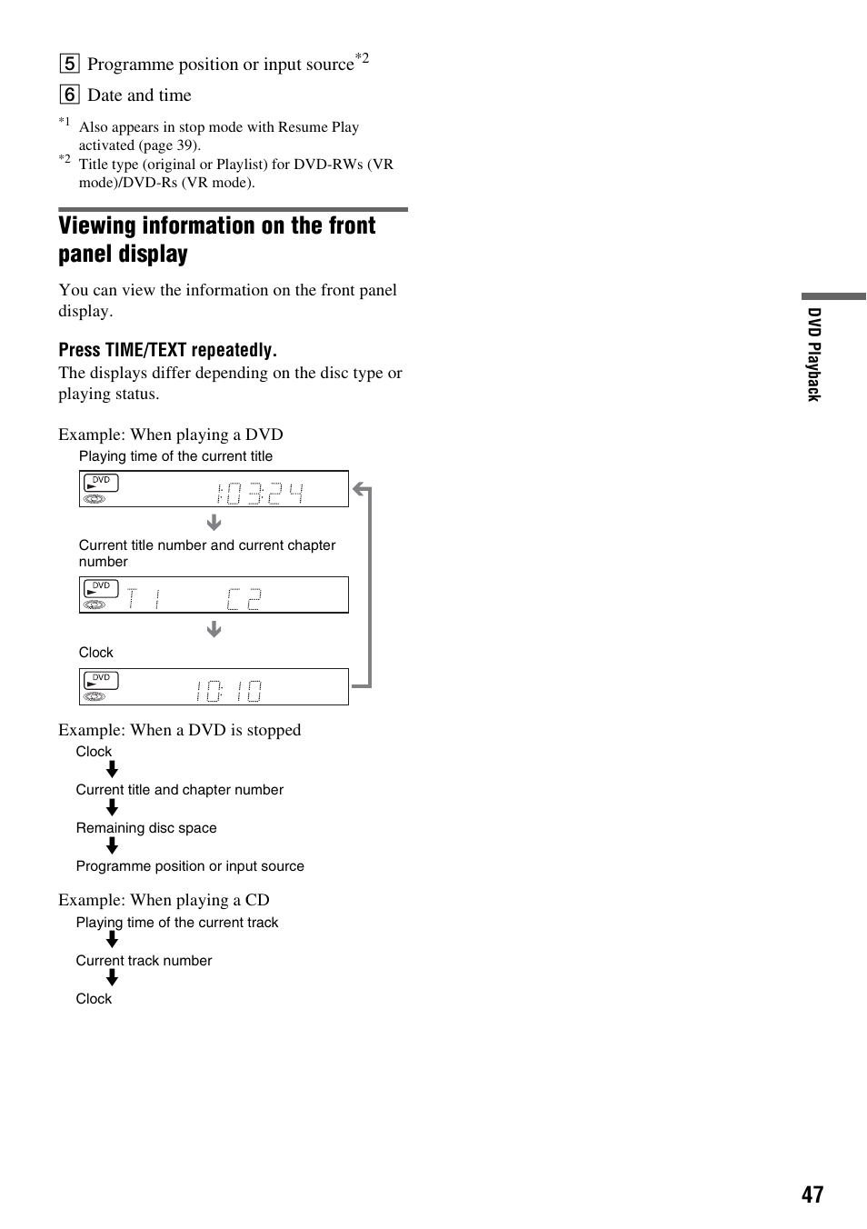 Viewing information on the front panel display | Sony RDR-VX420 User Manual | Page 47 / 132