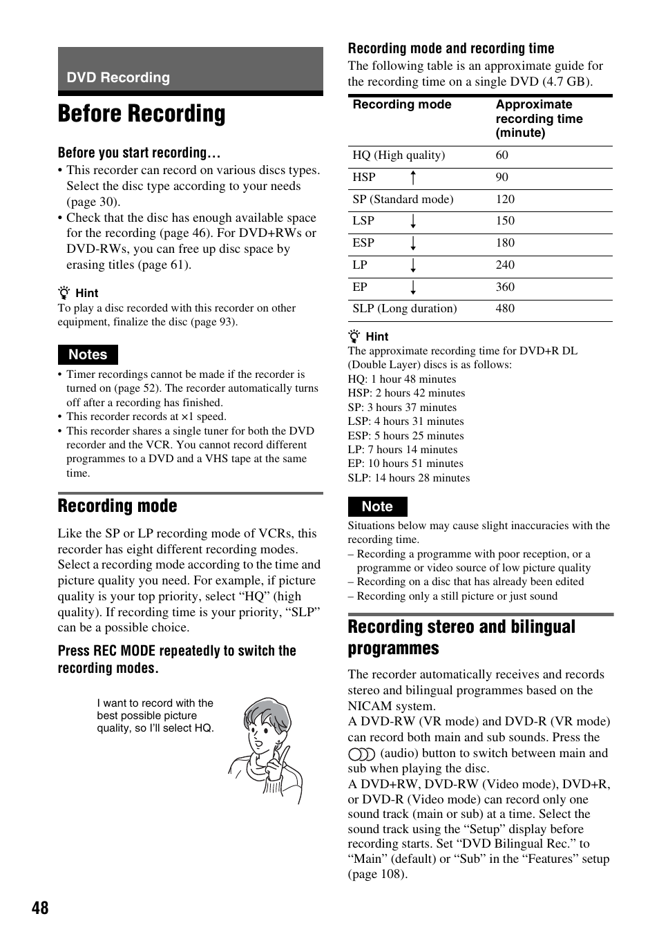 Dvd recording, Before recording, Recording mode | Recording stereo and bilingual programmes | Sony RDR-VX420 User Manual | Page 48 / 132