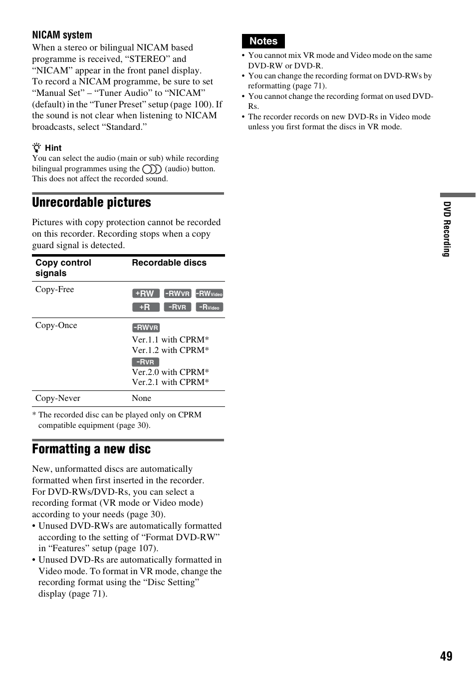 S 49, Unrecordable pictures, Formatting a new disc | Nicam system | Sony RDR-VX420 User Manual | Page 49 / 132