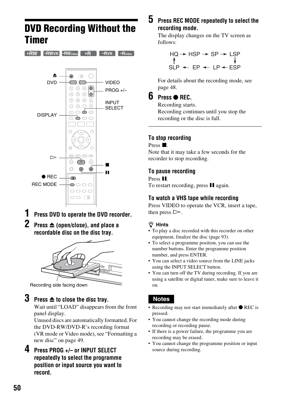 Dvd recording without the timer, Dvd recording without the timer 1 | Sony RDR-VX420 User Manual | Page 50 / 132