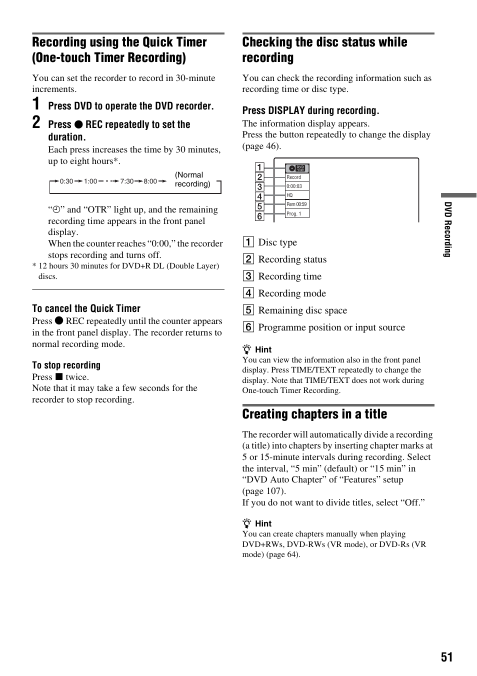Checking the disc status while recording, Creating chapters in a title | Sony RDR-VX420 User Manual | Page 51 / 132