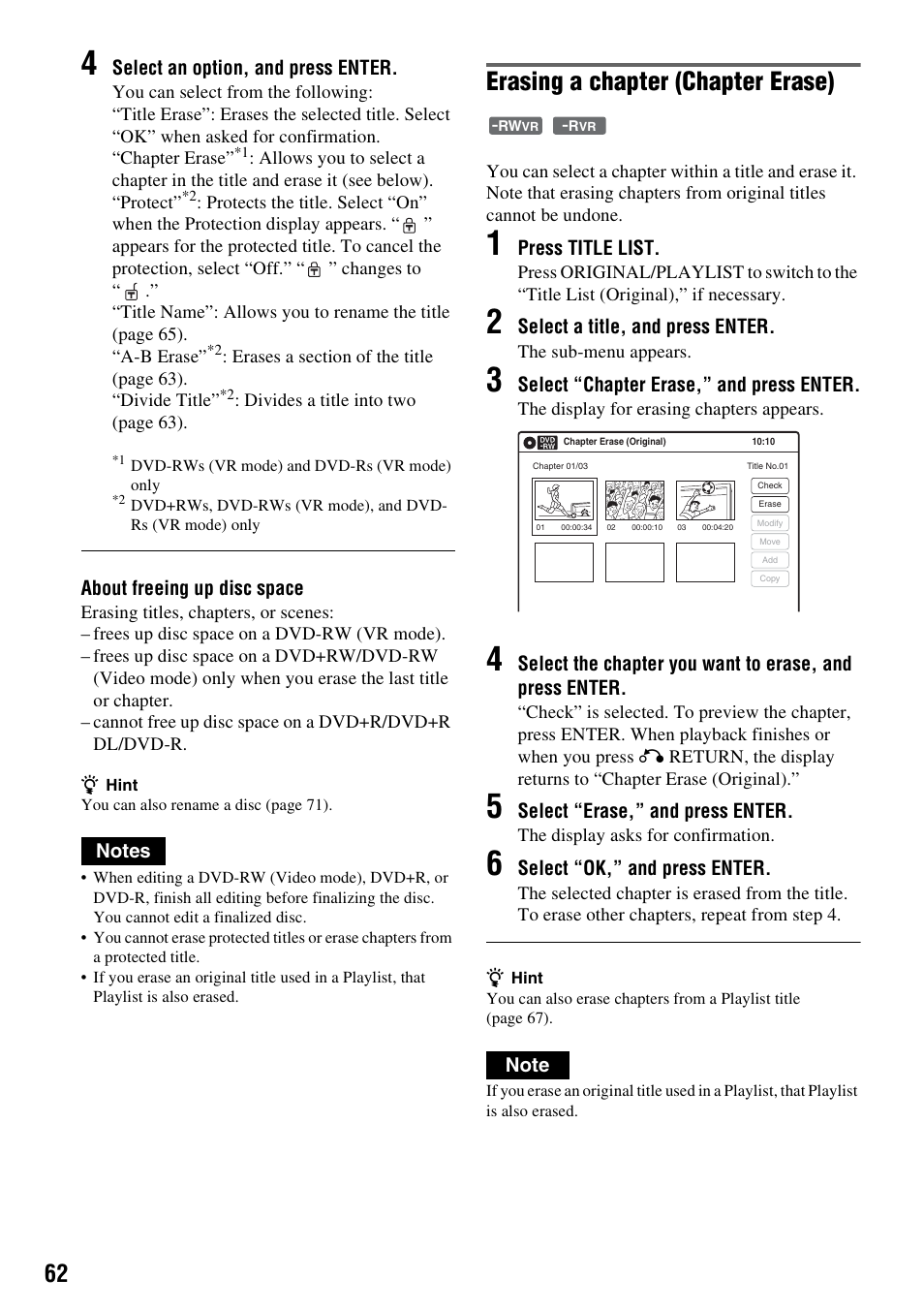 Erasing a chapter (chapter erase) | Sony RDR-VX420 User Manual | Page 62 / 132