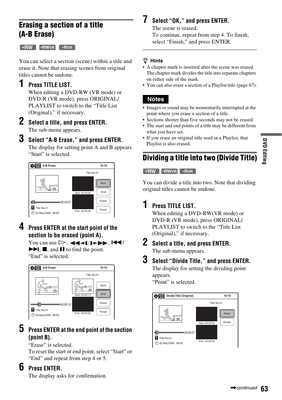 Dividing a title into two (divide title), Press title list, Select a title, and press enter | Select “a-b erase,” and press enter, Press enter, Select “ok,” and press enter, Select “divide title,” and press enter | Sony RDR-VX420 User Manual | Page 63 / 132