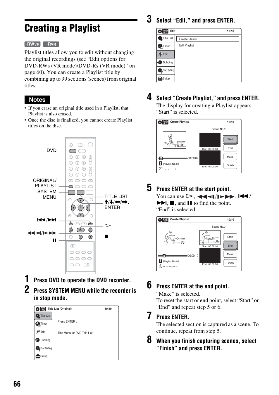 Creating a playlist, Press dvd to operate the dvd recorder, Select “edit,” and press enter | Select “create playlist,” and press enter, Press enter at the start point, Press enter at the end point, Press enter | Sony RDR-VX420 User Manual | Page 66 / 132