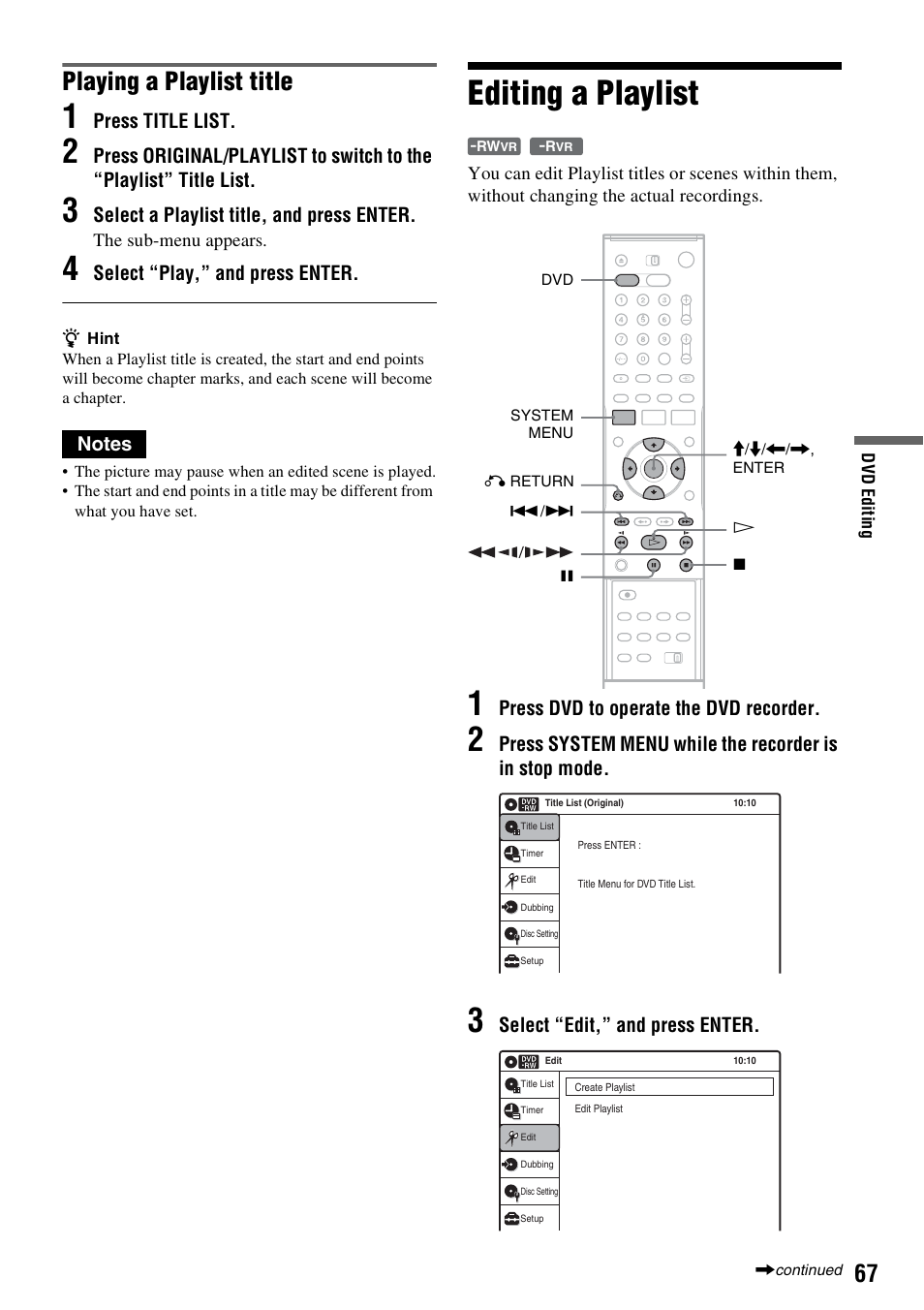 Editing a playlist, Playing a playlist title | Sony RDR-VX420 User Manual | Page 67 / 132