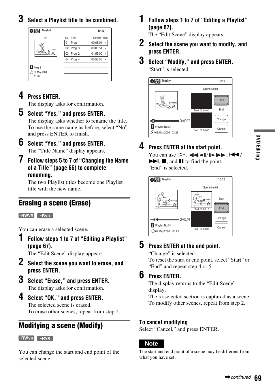 Erasing a scene (erase), Modifying a scene (modify) | Sony RDR-VX420 User Manual | Page 69 / 132