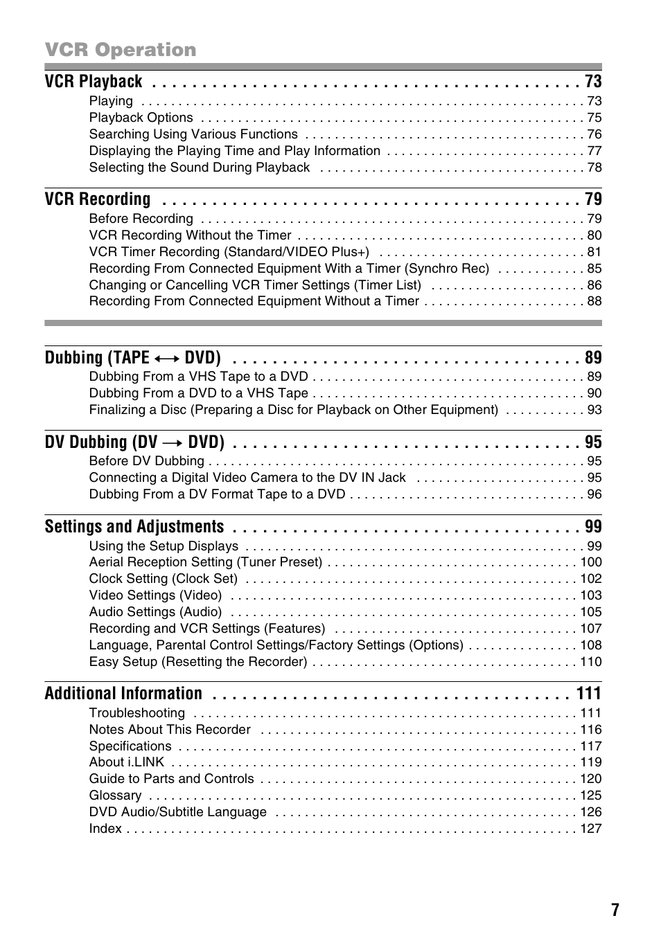 Vcr operation | Sony RDR-VX420 User Manual | Page 7 / 132