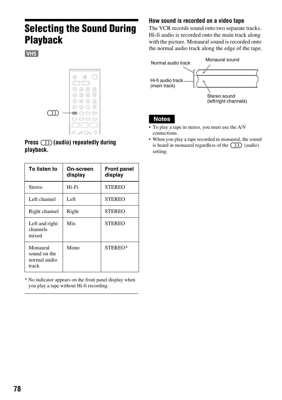 Selecting the sound during playback | Sony RDR-VX420 User Manual | Page 78 / 132
