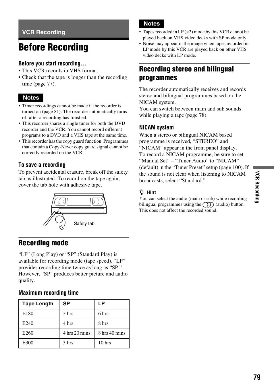 Vcr recording, Before recording, D 79) | Recording mode, Recording stereo and bilingual programmes | Sony RDR-VX420 User Manual | Page 79 / 132