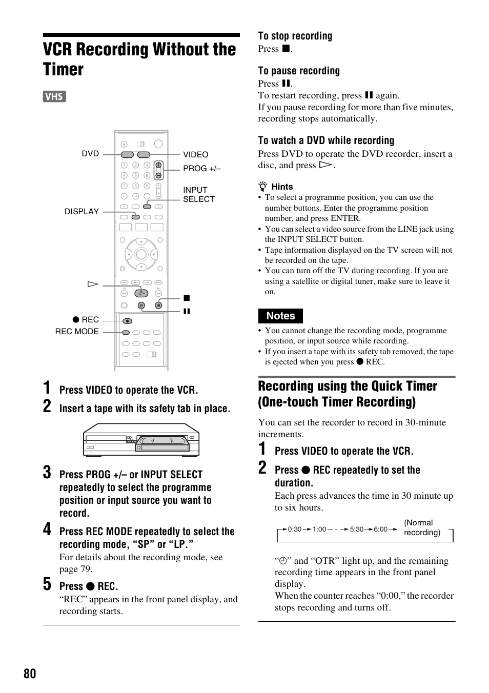 Vcr recording without the timer, Vcr recording without the timer 1 | Sony RDR-VX420 User Manual | Page 80 / 132