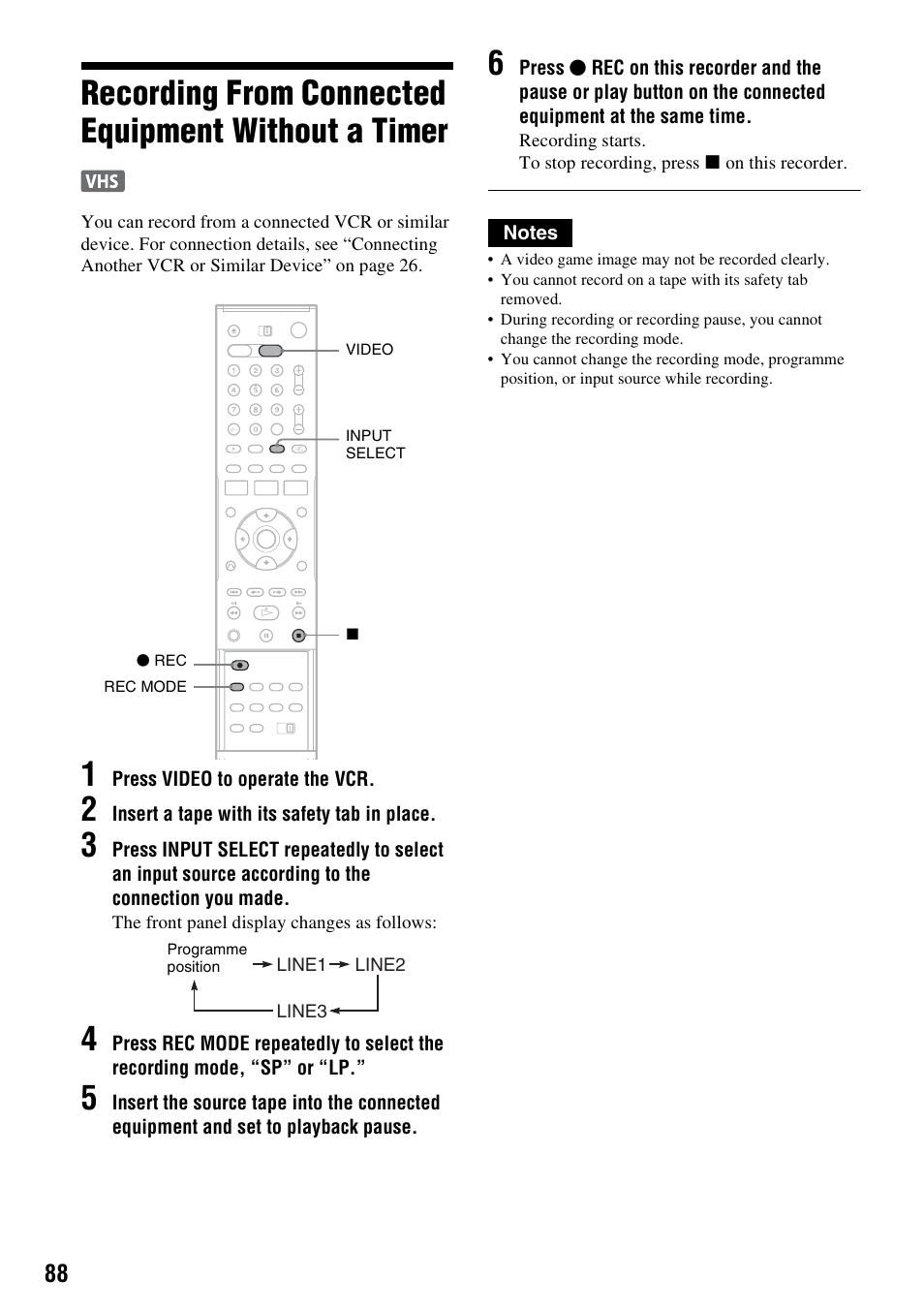 Recording from connected equipment without a timer | Sony RDR-VX420 User Manual | Page 88 / 132